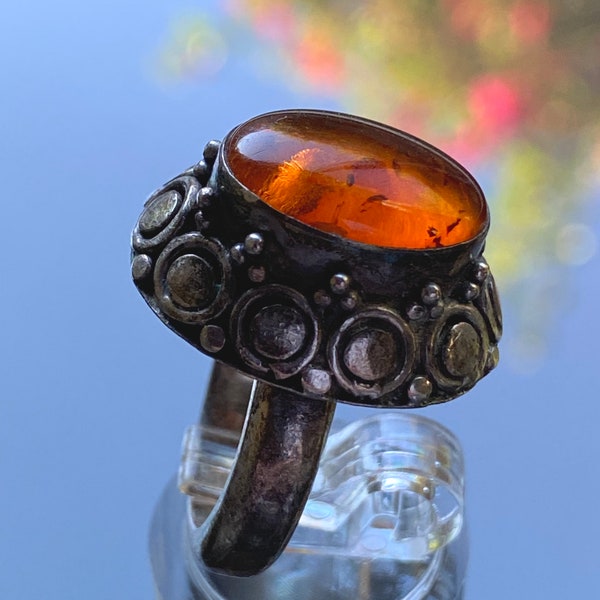 Sterling Silver Ring with Amber Oval Cabochon by Suarti BA Bali Indonesia- Size 6 1/2