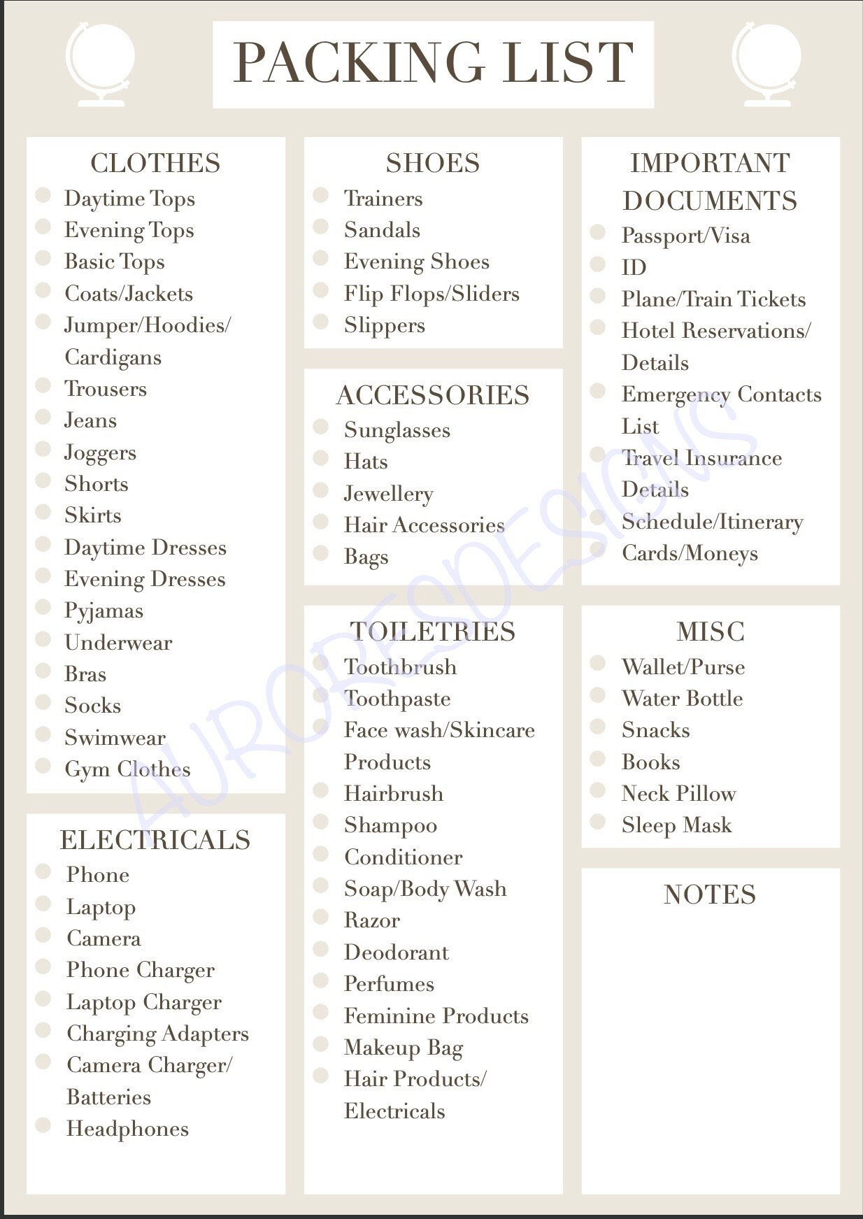 Ultimate Travel/trip Packing Checklist Digital Download Printable Tick