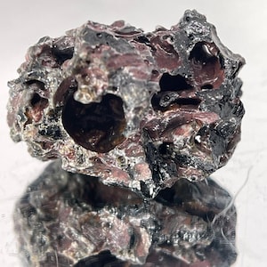 May include: A dark gray and purple rock with a rough, textured surface and many holes. The rock has a natural, organic shape.