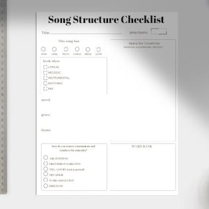 Peut inclure: Une liste de contrôle imprimable pour les auteurs-compositeurs afin de les aider à planifier et à structurer leurs chansons. La liste de contrôle comprend des sections pour le titre, le tempo, les idées de refrain, l'ambiance, le genre, le thème et le banque de mots.