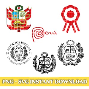 Puede incluir: Un conjunto de archivos de corte digital que presentan el escudo de armas de Perú. Los archivos incluyen una versión roja y blanca del escudo de armas, una versión en blanco y negro y una versión estilizada del escudo de armas con el texto "Perú" en rojo. Los archivos están disponibles para descarga instantánea.