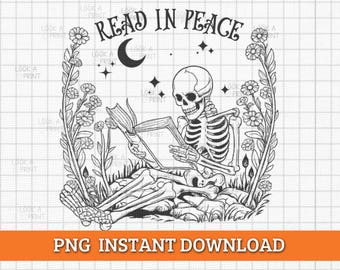 Scheletro di Halloween che legge PNG, design spettrale divertente per gli amanti dei libri, download digitale gotico libresco, sublimazione autunnale inquietante, arte umoristica vintage