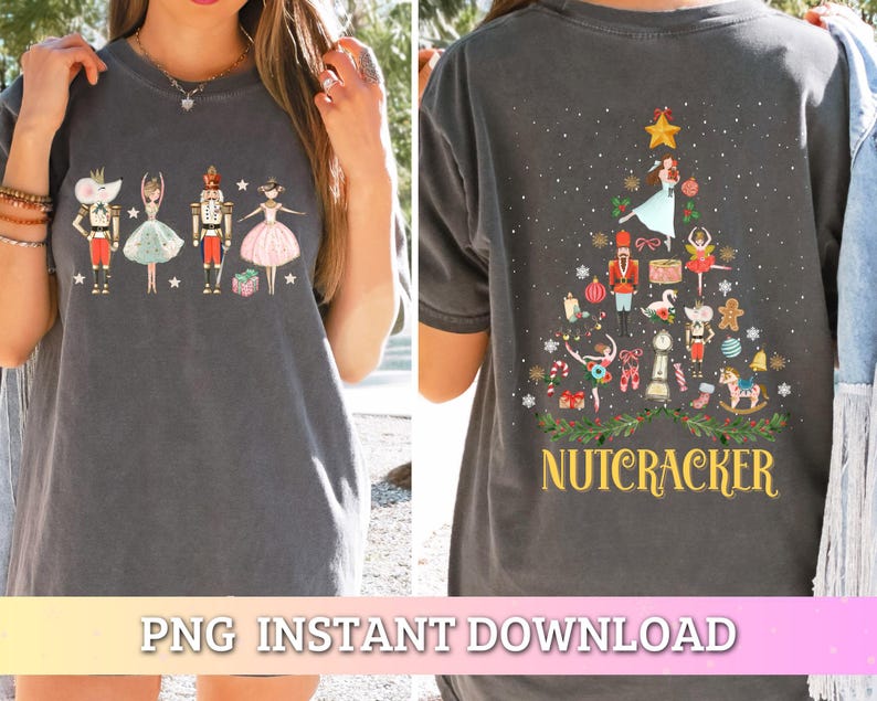 May include: A gray t-shirt with a Nutcracker-themed Christmas tree design on the back. The tree is decorated with ornaments, candy canes, and a nutcracker soldier. The text "Nutcracker" is printed below the tree.