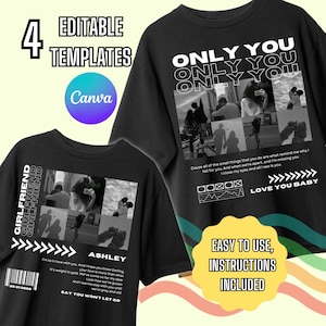 Op de afbeelding: Vier bewerkbare sjablonen voor een zwart t-shirt ontwerp met een collage van zwart-wit foto's van een stel. De tekst "ONLY YOU" wordt drie keer in wit op het shirt herhaald. De tekst "LOVE YOU BABY" staat ook op het shirt. De tekst "EASY TO USE, INSTRUCTIONS INCLUDED" staat op een gele achtergrond.