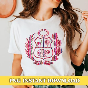 May include: A white t-shirt with a colorful graphic of the coat of arms of Peru. The graphic features a llama, a tree, and a shield with intricate patterns.