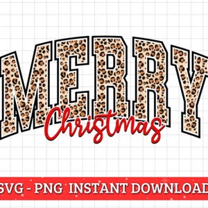Puede incluir: Un diseño digital con las palabras "Merry Christmas" en una fuente de estampado de leopardo con un contorno negro. La palabra "Christmas" está en rojo.