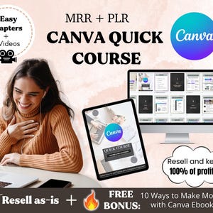 Puede incluir: Una mujer sonríe mientras usa una computadora portátil. La pantalla muestra un curso rápido de Canva con 6 capítulos fáciles y 6 videos. La imagen también incluye un libro electrónico de bonificación gratuito titulado "10 formas de ganar dinero con Canva".