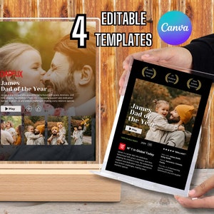 Puede incluir: Cuatro plantillas editables para crear publicaciones en redes sociales. Las plantillas presentan a un padre y su hija, con el texto "James Dad of the Year" y "#1 in Global Today".