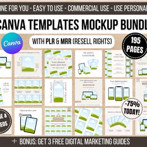Puede incluir: Un paquete de maquetas de 195 plantillas de Canva para publicaciones en redes sociales, historias y otros materiales de marketing digital. Las plantillas presentan un esquema de color verde y azul con un diseño de nube y paisaje. El paquete incluye derechos de reventa PLR y MRR.