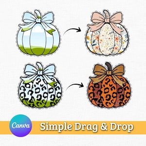 Puede incluir: Cuatro diseños de calabazas con lazos y bordes festoneados. Dos calabazas tienen un fondo transparente con un lazo. Las otras dos calabazas tienen un diseño floral y de leopardo. El texto "Simple Drag & Drop" está en el centro inferior.