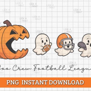 Puede incluir: Ilustración digital con temática de Halloween, que muestra una calabaza tallada, tres personajes fantasma y el texto "Boo Crew Football League". Los fantasmas están representados con un balón de fútbol, casco y hombreras. También está presente el texto "PNG INSTANT DOWNLOAD".
