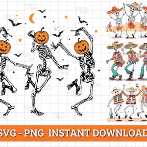 Puede incluir: Cuatro figuras de esqueleto con cabezas de calabaza y sombreros están bailando. Los esqueletos son negros y blancos, las calabazas son naranjas y los sombreros son coloridos.