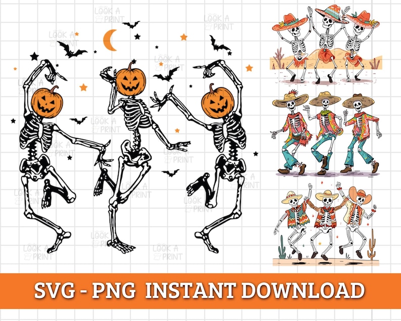 May include: Four skeleton figures wearing pumpkin heads and sombreros are dancing. The skeletons are black and white, the pumpkins are orange, and the sombreros are colorful.