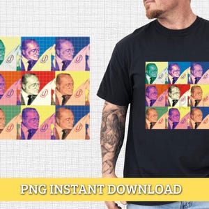 May include: Black t-shirt with a pop art design of a man in a suit, repeated in a grid of colourful squares. The image is also displayed on a separate print. The text "PNG INSTANT DOWNLOAD" is at the bottom.