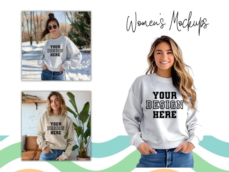 K&ouml;nnte beinhalten: Zwei Frauen tragen graue Sweatshirts mit dem Text "Your Design Here" auf der Vorderseite. Die Sweatshirts sind hellgrau und haben eine lockere Passform. Die Frauen stehen in verschiedenen Umgebungen, eine in einer verschneiten Au&szlig;enumgebung und die andere in einer Innenumgebung mit einer Pflanze im Hintergrund.