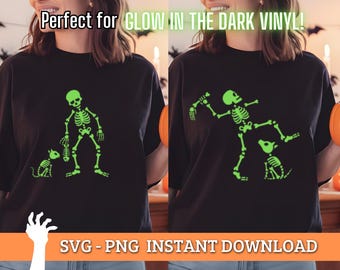Skeleton Dog & Cat SVG | Spooky Halloween Clipart for Cricut | Perfect for Glow in the Dark Vinyl | PNG for DIY Crafts, Halloween Decor