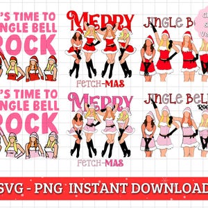 Könnte beinhalten: Ein digitaler Download von zwei SVG- und PNG-Dateien mit einem weihnachtlichen Design mit dem Text "It's Time to Jingle Bell Rock" und einer Gruppe von Frauen in Weihnachtsmützen und Kleidern. Das Design ist sowohl in der klassischen als auch in der pinkfarbenen Version verfügbar.