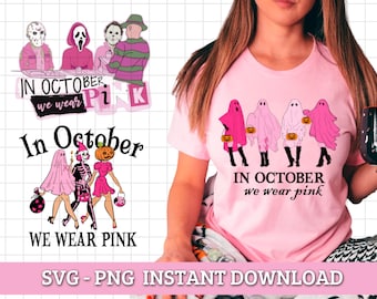 In October We Wear Pink PNG Png, Breast Cancer Awareness Png, Retro Breast Cancer Png, Halloween Pink Ghost png, Halloween Shirt