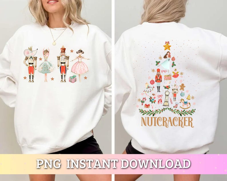 May include: White sweatshirt with a Nutcracker themed Christmas tree design on the back. The front of the sweatshirt features a Nutcracker, a mouse, and two ballerinas.