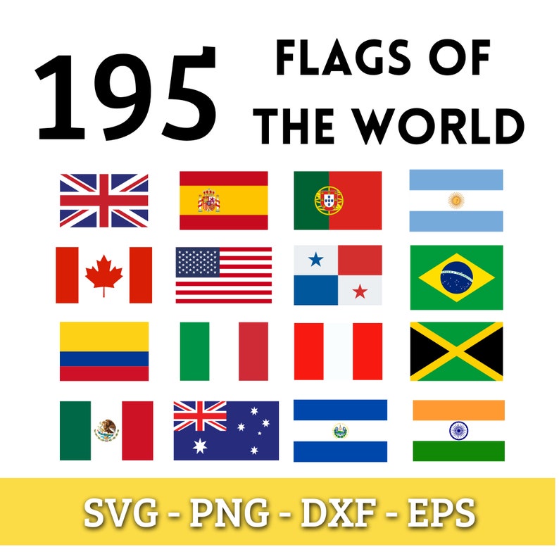 K&ouml;nnte beinhalten: Eine Grafik mit dem Text "195 Flaggen der Welt" und einem Raster von 15 Flaggen aus verschiedenen L&auml;ndern, darunter das Vereinigte K&ouml;nigreich, Spanien, Portugal, Argentinien, Kanada, die Vereinigten Staaten, Panama, Brasilien, Jamaika, Kolumbien, Mexiko, Australien, El Salvador und Indien.