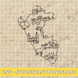 May include: A black and white line drawing of a map of Peru. The map includes the Amazon River, the Andes Mountains, and the cities of Lima and Machu Picchu. The text "Misti" is also included on the map.