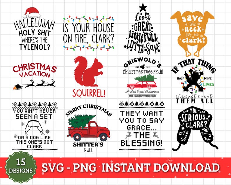 クリスマス休暇SVG PNGバンドル、15種類の面白いクリスマスデザイン、グリズウォルド家のホリデー名言、デジタルダウンロードTシャツ＆マグカップ、30ファイルセット 画像 1