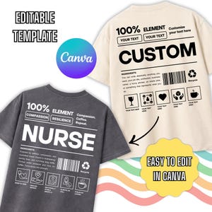 Puede incluir: Dos camisetas, una gris y otra crema, con áreas de texto personalizables. La camiseta gris dice "NURSE" con "100% ELEMENT" y "COMPASSION RESILIENCE" encima. La camiseta crema dice "CUSTOM" con "100% ELEMENT" encima. Ambas camisetas tienen campos de texto editables.