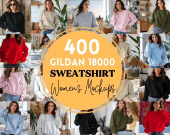 Puede incluir: Un collage de imágenes que muestran 400 maquetas de sudaderas Gildan 18000 para mujeres. Las maquetas presentan una variedad de colores y estilos, incluyendo negro, rojo, azul, verde y rosa.