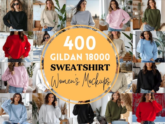 Paquete de Mockups de Sudadera Gildan 18000 | Conjunto de Mockups en Polera Cuello Redondo G180 | Mockups para Prendas Personalizadas