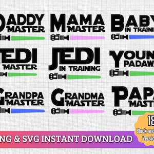 Op de afbeelding: Zwart-witte digitale ontwerpbestanden voor snijmachines. Het ontwerp bevat de tekst "Daddy Master", "Mama Master", "Baby in Training", "Jedi Master", "Jedi in Training", "Young Padawan", "Grandpa Master", "Grandma Master" en "Papa Master" met een lightsaber-afbeelding naast elke zin.