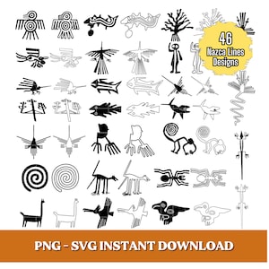 Puede incluir: Un conjunto de 46 diseños de líneas de Nazca en blanco y negro. Los diseños incluyen varios animales, plantas y formas geométricas. Los diseños son perfectos para usar en manualidades, decoración del hogar y más.