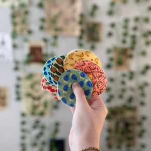 May include: A set of seven reusable makeup remover pads with various fruit and floral prints. The pads are made of soft, absorbent fabric and are perfect for removing makeup and cleansing the skin.