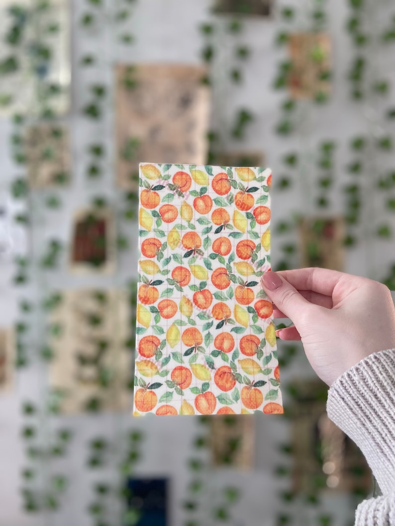 Pu&ograve; includere: Un foglio di tessuto bianco con un motivo ripetuto di pesche arancioni e limoni gialli con foglie verdi. Il tessuto ha un motivo a griglia.