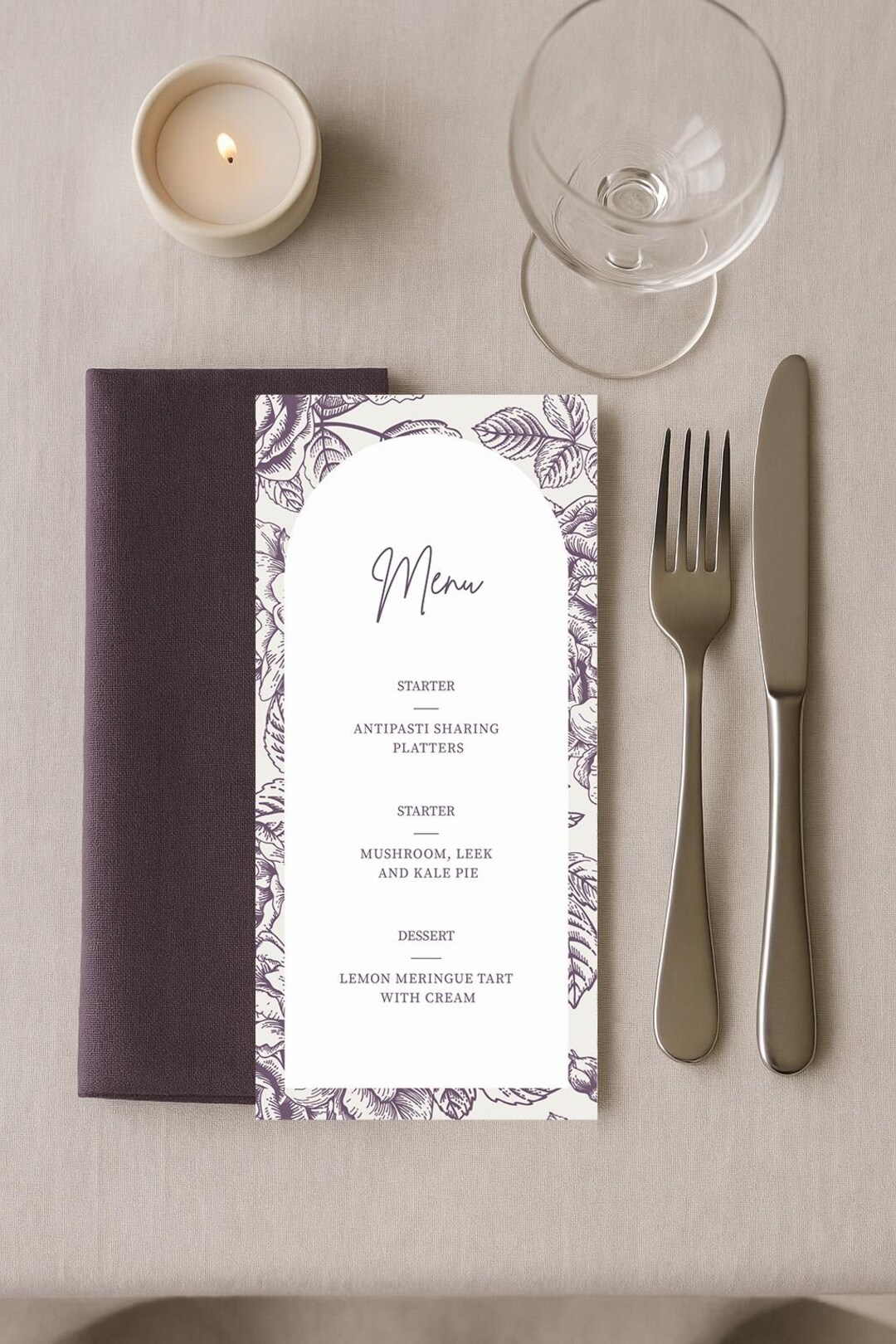 Rose Outline Purple Menu Template | Editable Canva Digital Download ...