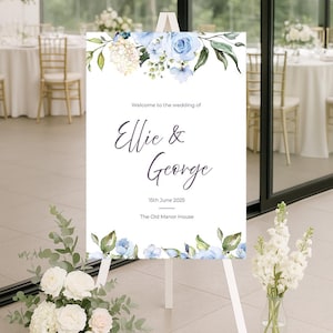 Blue Floral Wedding Welcome Sign Template | A1 Editable Canva Sign | Modern Elegant Watercolour Flowers | Printable Wedding Sign Download