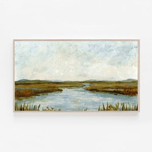 May include: A painting of a landscape with a river winding through a field of tall grass. The sky is a light blue with white clouds. The river is a light blue and the grass is a light green.