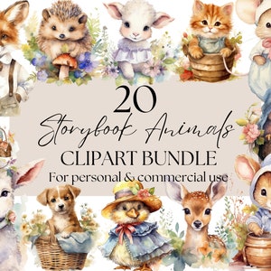 20 Storybook Animals, Digital Transparent PNG Clipart, Commercial Use, Template Creators, Nursery, Watercolor Animals, Fox, Owl, Mouse, Cat