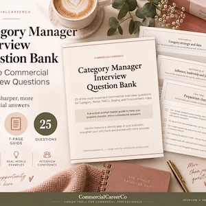 Può includere: Una guida intitolata Category Manager Interview Question Bank contenente 25 domande per colloqui commerciali. Il documento include sezioni su strategia di categoria, dati, influenza, leadership e una lista di controllo per la preparazione.