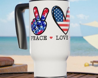 Taza de viaje "Paz, Amor, América" / Acero inoxidable, 414 ml (14 oz)