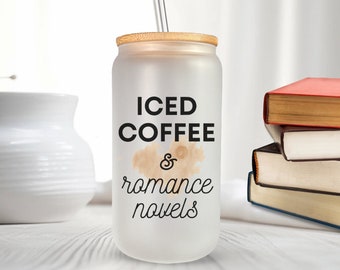 Iced Coffee and Romance Novels Glass Cups with Lid and Straw, Stocking Stuffers for Readers, Book Themed Glass Cups, Iced Coffee Can
