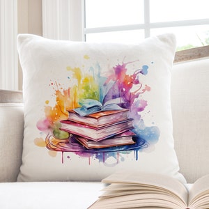 I Read Past My Bedtime Pillow, Book Lover Pillow, Just One More Chapter Reading Nook Cushion, Book Themed Pillows, Book Themed Gifts Watercolor books - 1