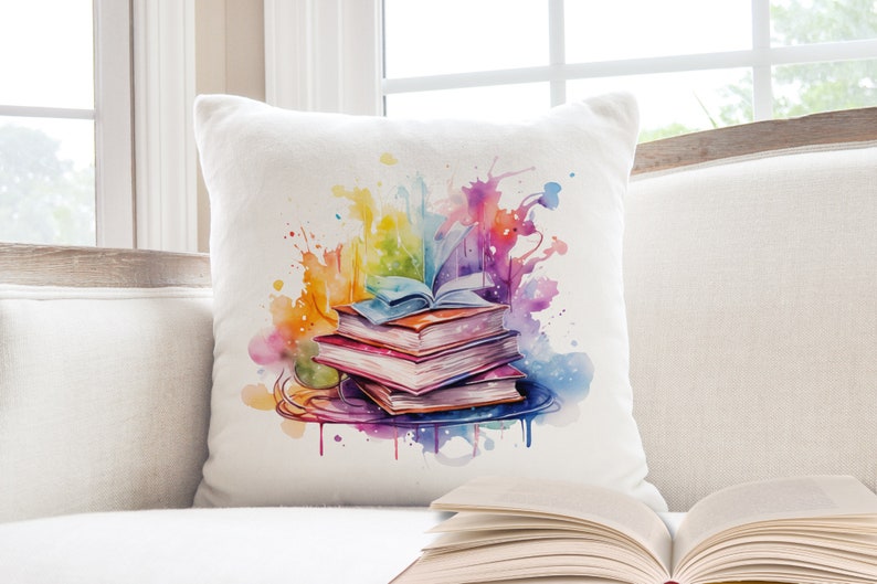 I Read Past My Bedtime Pillow, Book Lover Pillow, Just One More Chapter Reading Nook Cushion, Book Themed Pillows, Book Themed Gifts Watercolor books - 1