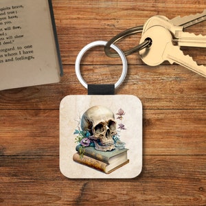 Gothic Book Lover Book Key Chain, Gothic Literature Book Themed Keychain, Gothic Library Book Keychain, Book Themed Gifts, Square Keychain Skull on books - 3