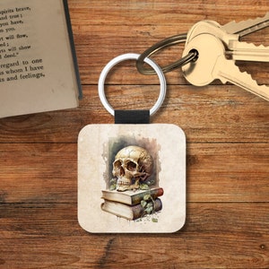 Gothic Book Lover Book Key Chain, Gothic Literature Book Themed Keychain, Gothic Library Book Keychain, Book Themed Gifts, Square Keychain Skull on books - 1