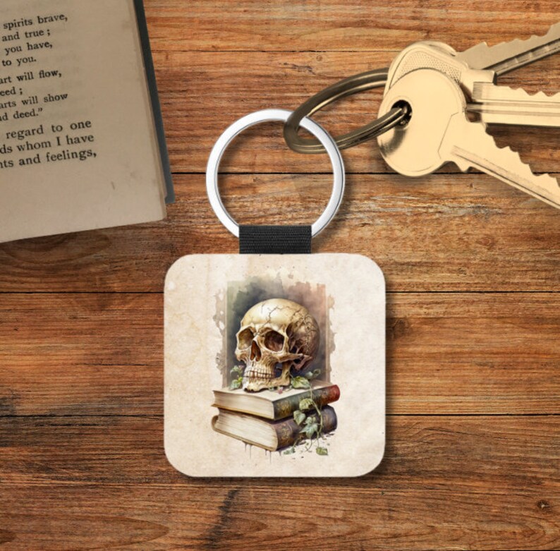 Gothic Book Lover Book Key Chain, Gothic Literature Book Themed Keychain, Gothic Library Book Keychain, Book Themed Gifts, Square Keychain Skull on books - 1