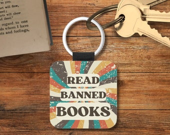 Read Banned Books Square Keychain, Book Key Chain, Book Themed Keychain, Book Keychain, Stocking Stuffers for Readers, Book Themed Gifts