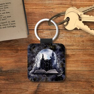 Gothic Book Lover Book Key Chain, Gothic Literature Book Themed Keychain, Gothic Library Book Keychain, Book Themed Gifts, Square Keychain Dark castle
