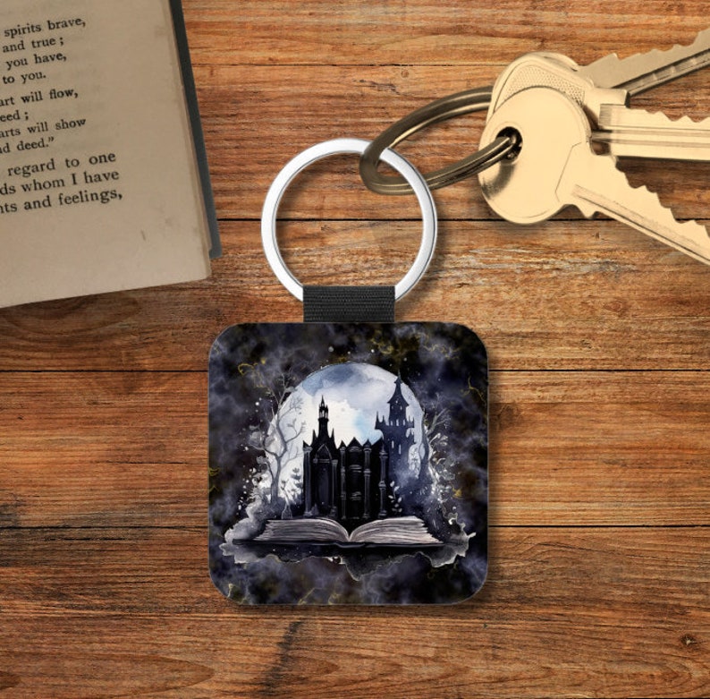 Gothic Book Lover Book Key Chain, Gothic Literature Book Themed Keychain, Gothic Library Book Keychain, Book Themed Gifts, Square Keychain Dark castle