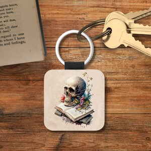Gothic Book Lover Book Key Chain, Gothic Literature Book Themed Keychain, Gothic Library Book Keychain, Book Themed Gifts, Square Keychain Skull on books - 2