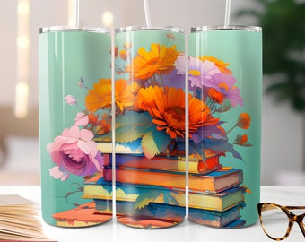 Books and Flowers Tumbler, Book Themed Gifts, Book Coffee Cup, Book Lovers Gifts for Birthday, Books and Coffee Cup, Reusable Coffee Cup